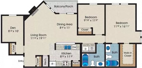 Floor plan for 2 beds, 2 baths, 1035 sqft